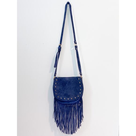 Prune Blue Suede Studded Fringe Cross Body Bag - Picture 3 of 14